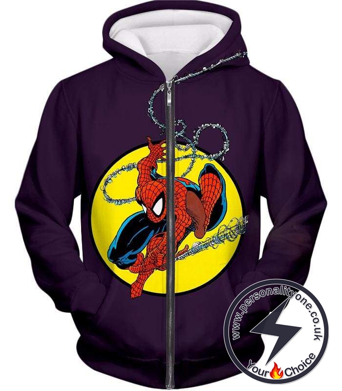 Web Shooting Animated Hero Spiderman Purple Zip Up Hoodie